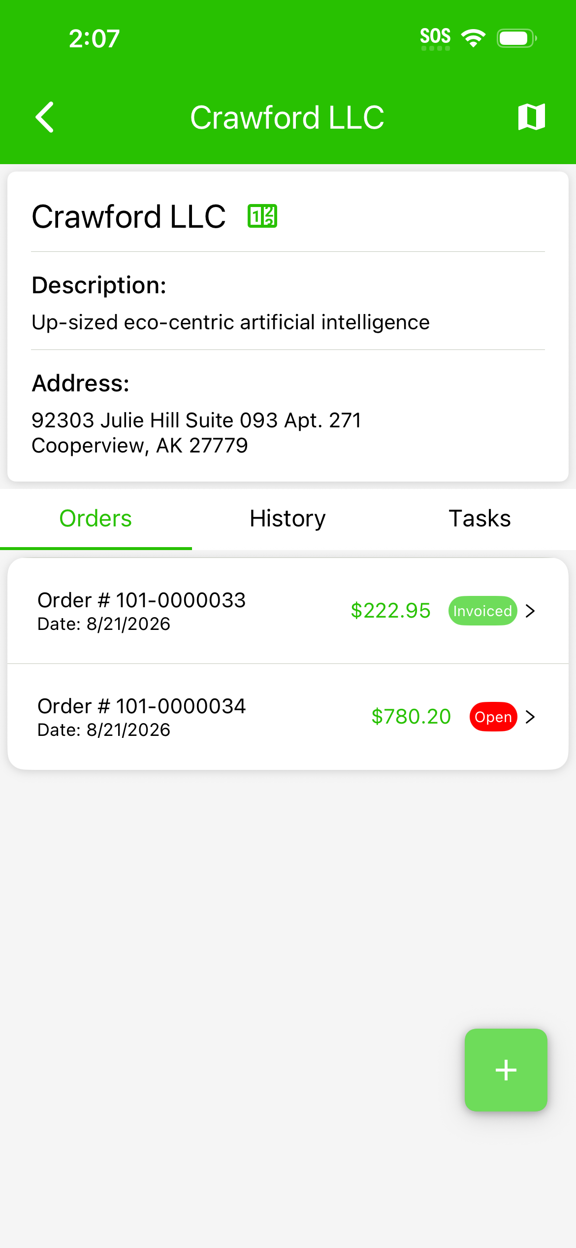 Root Mobile field app showing customer orders, invoice status, and new-order actions
