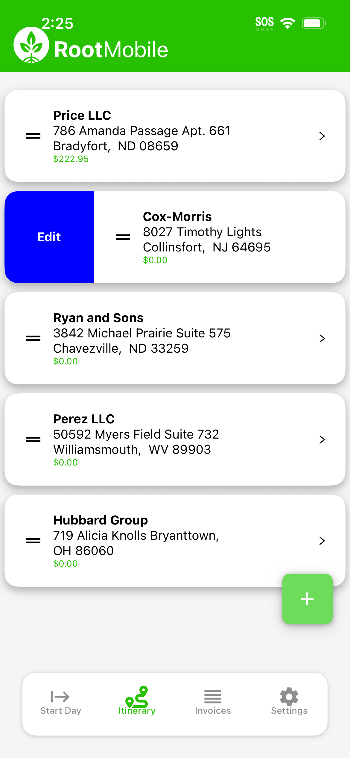 Invoice & Payments - Mobile itinerary with stops, invoices, and payment status